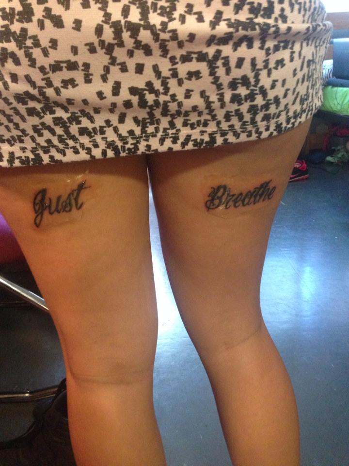 Script lettering thigh tattoo by Wes Fortier - Burning Hea… | Flickr